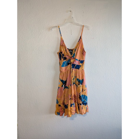 Angie Tropical Floral Twist Front Tiered Mini Dress Yellow Blue Pink Women Large - Picture 8 of 12